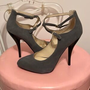 Grey suede Nine West heels with ankle strap. Size 9.